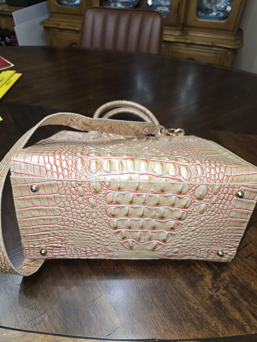 Brahmin Croc-Embossed Cream with Pink Accent Satchel - Picture 3 of 12